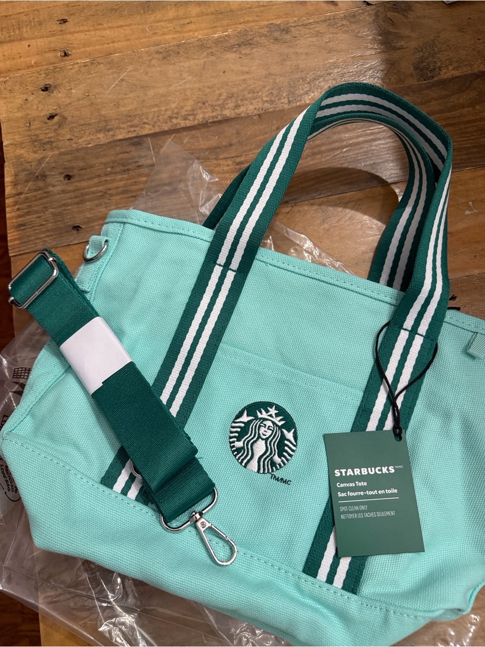 Starbucks Mint Green Canvas Tote with Dark Green Striped Handles - Picture 2 of 4